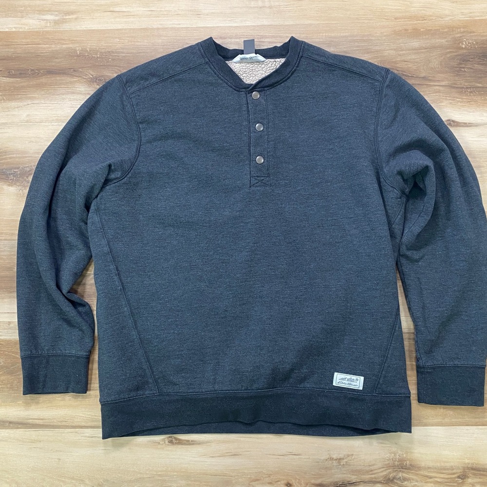 Eddie Bauer Henley Sweatshirt Size M Sherpa Lined Pullover Charcoal Gray Outdoor